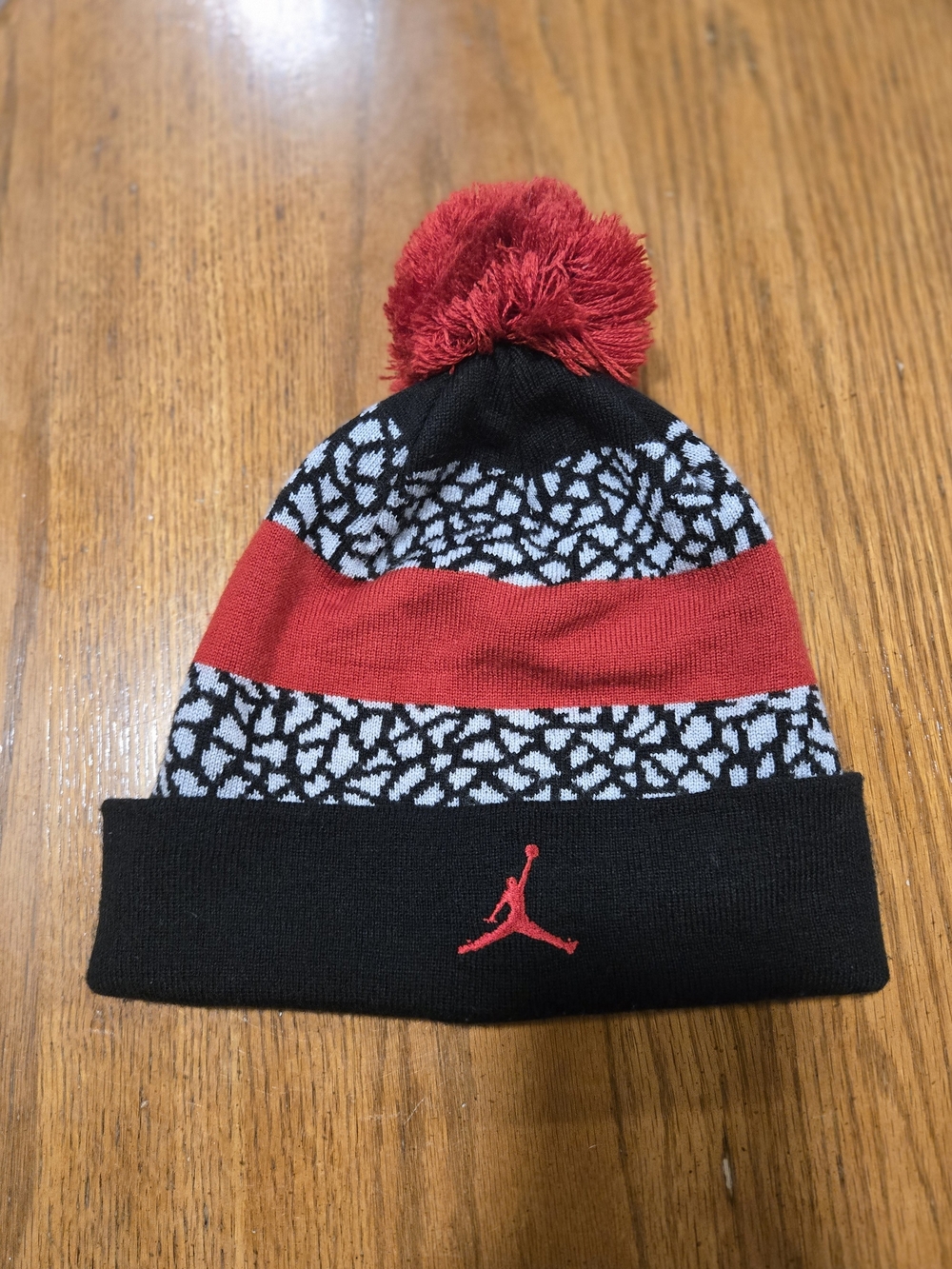 Jordan Jumpman Elephant Print Cuffed Pom Beanie Hat Black Grey Red - One Size